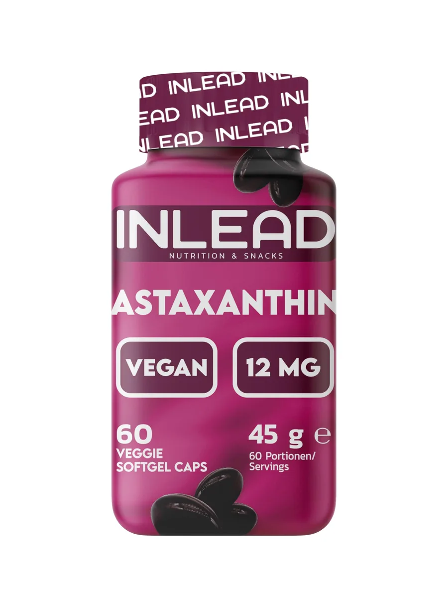 INLEAD - Astaxanthin | natürlich aus Mikroalgen | 6 mg pro Tagesportion - mit natürlichem Vitamin E - 60 vegane Softgel Kapseln