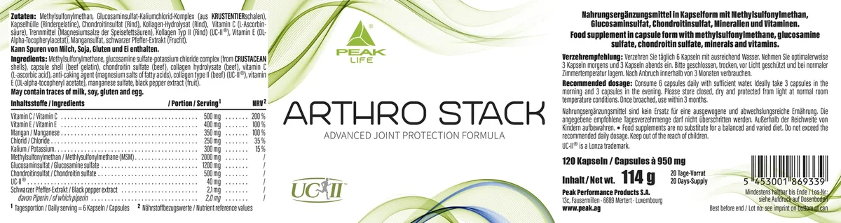 PEAK Arthro Stack - 120 Kapseln I 30 Portionen I mit Glucosaminsulfat, Chondroitinsulfat, Methyl-Sulfonyl-Methan, Methyl-Sulfonyl-Methan (MSM) und Kollagenpeptiden UC-II – Bild 4