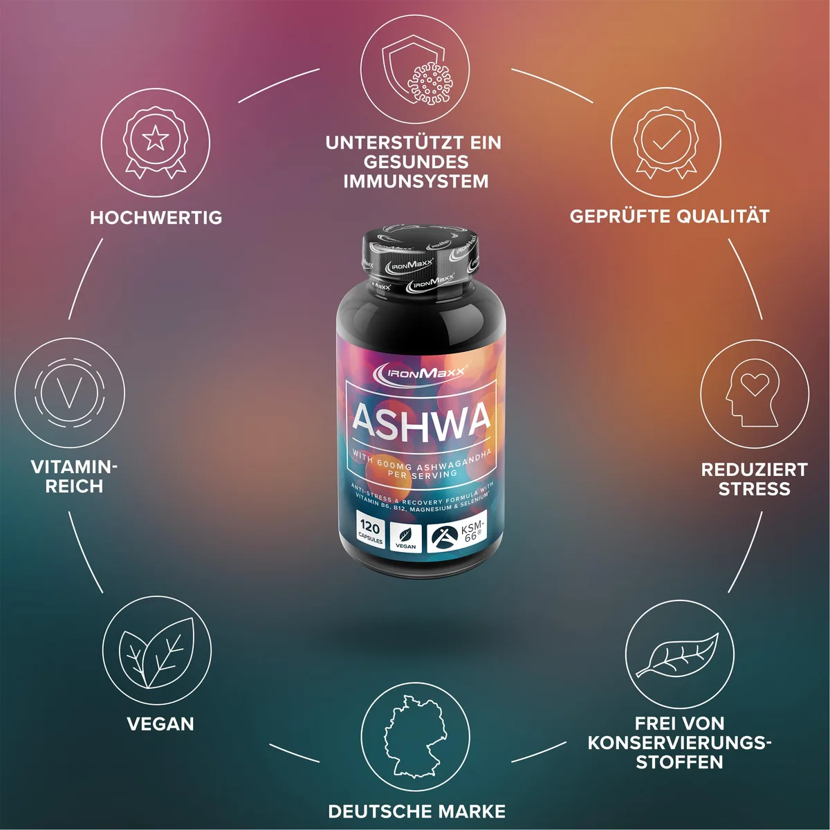 IronMaxx Ashwagandha - 120 Kapseln | 600mg KSM-66® pro Tagesdosis | Mit Vitamin B6 & B12 | mit Magnesium & Selenium | Vegan – Bild 5