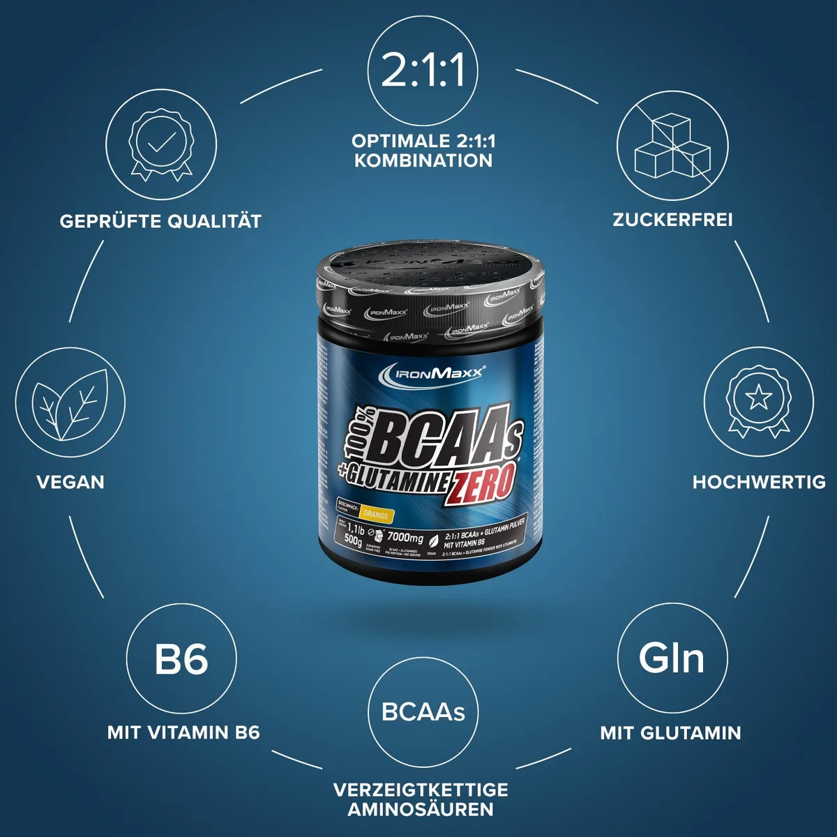 100% BCAAs + Glutamine Zero (500g) - Orange – Bild 5