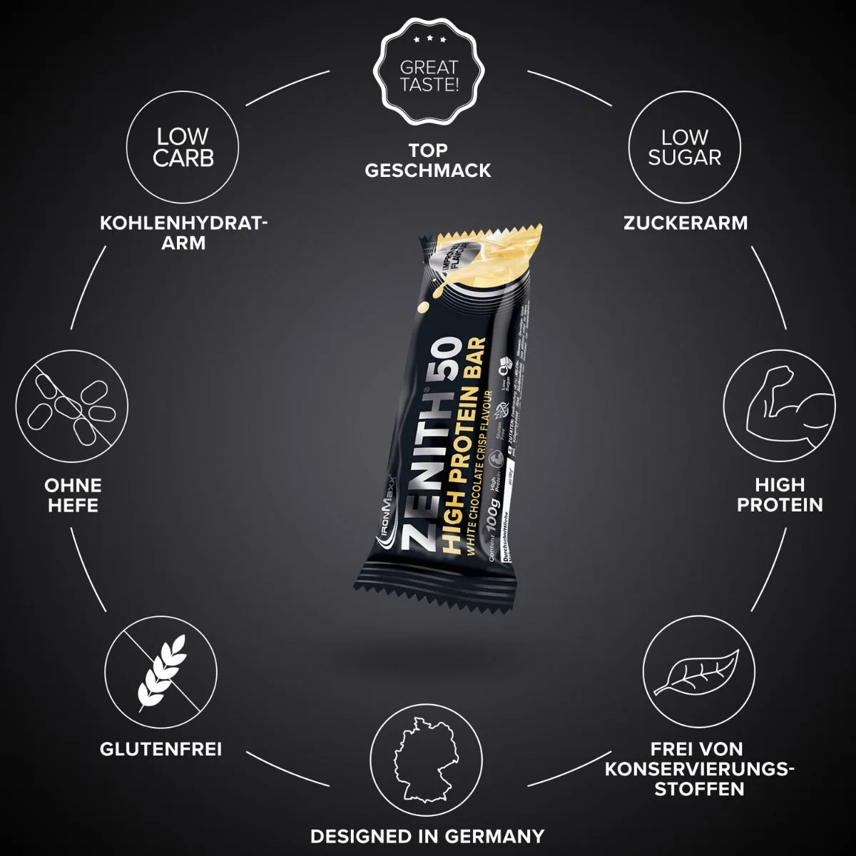 ZENITH® 50 Protein Riegel (12x100g) - Weiße Schokolade Crisp – Bild 6