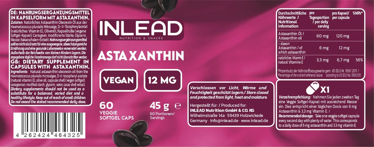 INLEAD - Astaxanthin | natürlich aus Mikroalgen | 6 mg pro Tagesportion - mit natürlichem Vitamin E - 60 vegane Softgel Kapseln – Bild 3