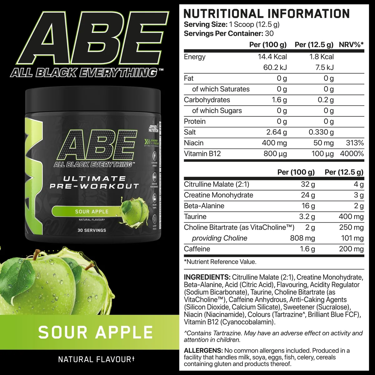 Applied Nutrition ABE Pre Workout Pulver - Pre Booster für Energie & Leistung mit Citrullin, Kreatin Monohydrat, Beta Alanin (375 g – 30 Portionen)(Sour Apple) – Bild 7