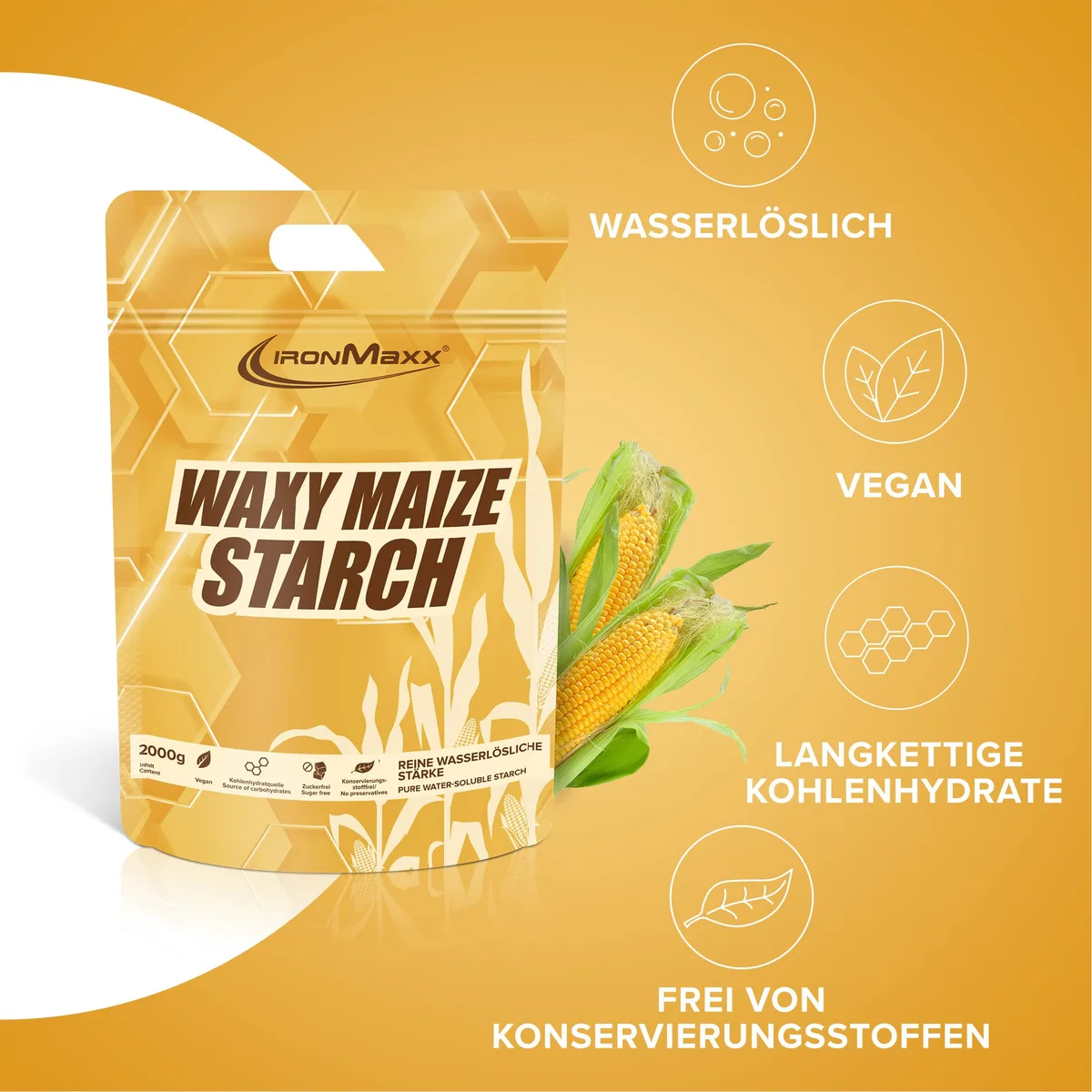 IronMaxx Waxy Maize Starch 2000g | Hochwertiges Kohlenhydratpulver aus Maisstärke | Zuckerfreier und veganer Weightgainer ohne Konservierungsstoffe – Bild 2