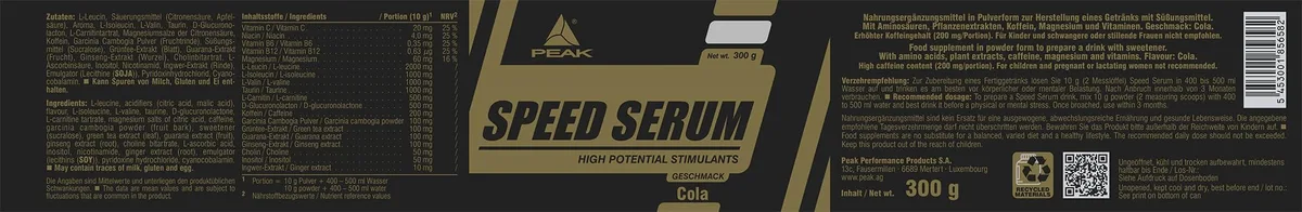 PEAK Speed Serum - 300g Geschmack Cola I 30 Portionen I Pulver I Energydrink I Pre-Workout I Diät I mit BCAAs I L-Carnitin I Panax Ginseng I Grüntee EGCG I Guarana Extrakt – Bild 2