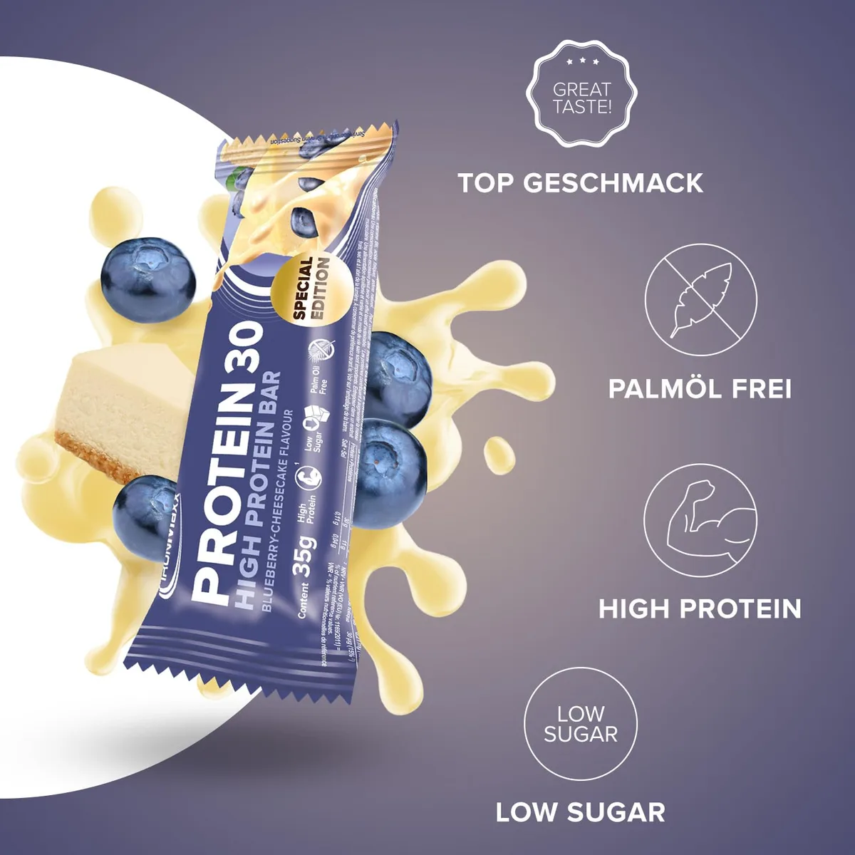 IronMaxx Protein 30 Eiweißriegel – Blueberry Cheesecake - 24x35g | High Protein Bar 30% Eiweiß, Low Carb & zuckerreduziert | Vitaminreicher Fitness Snack für Muskelaufbau & Diät – Bild 2