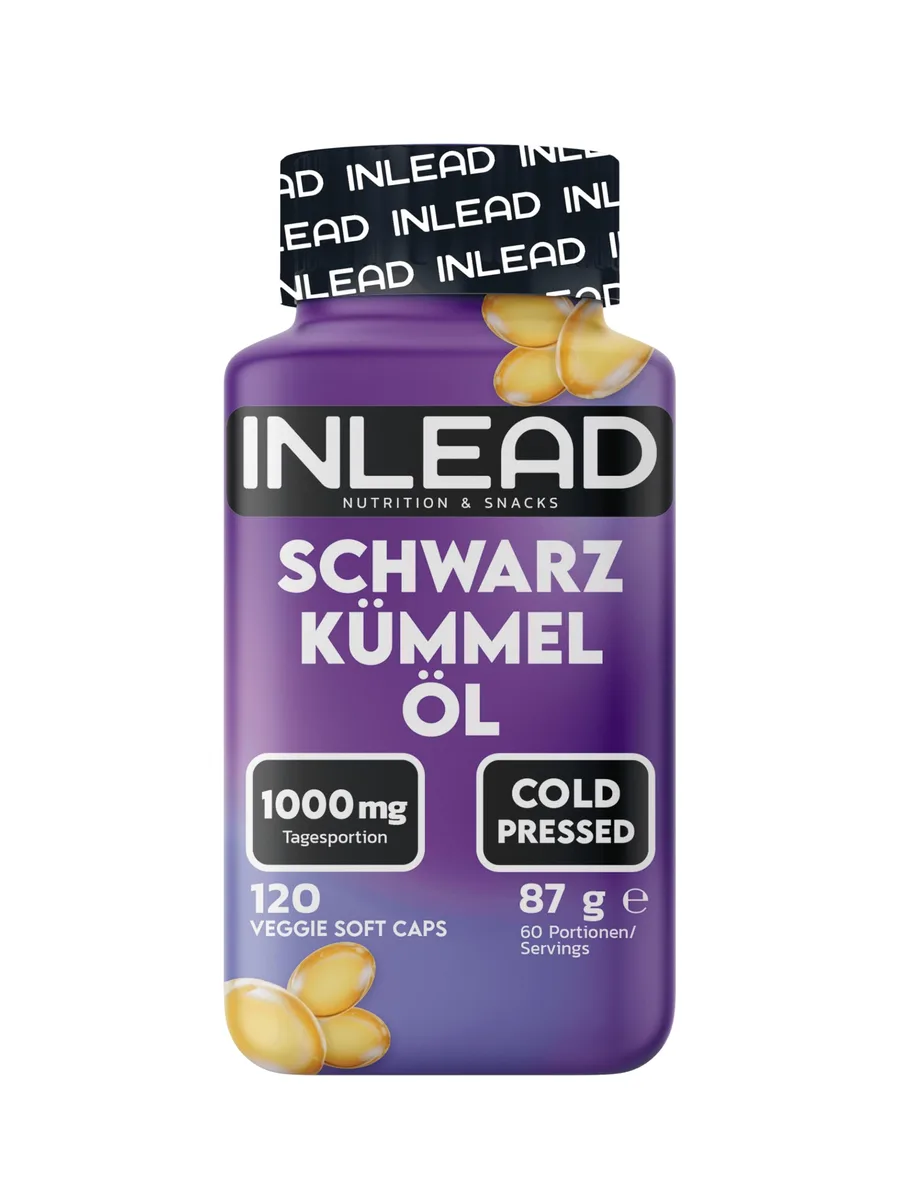 INLEAD - Schwarzkümmelöl Caps | Kaltgepresstes Schwarzkümmelöl mit Vitamin E | 1000mg pro Tagesportion | Vegan, Glutenfrei & Laktosefrei - 120 Softgel Kapseln