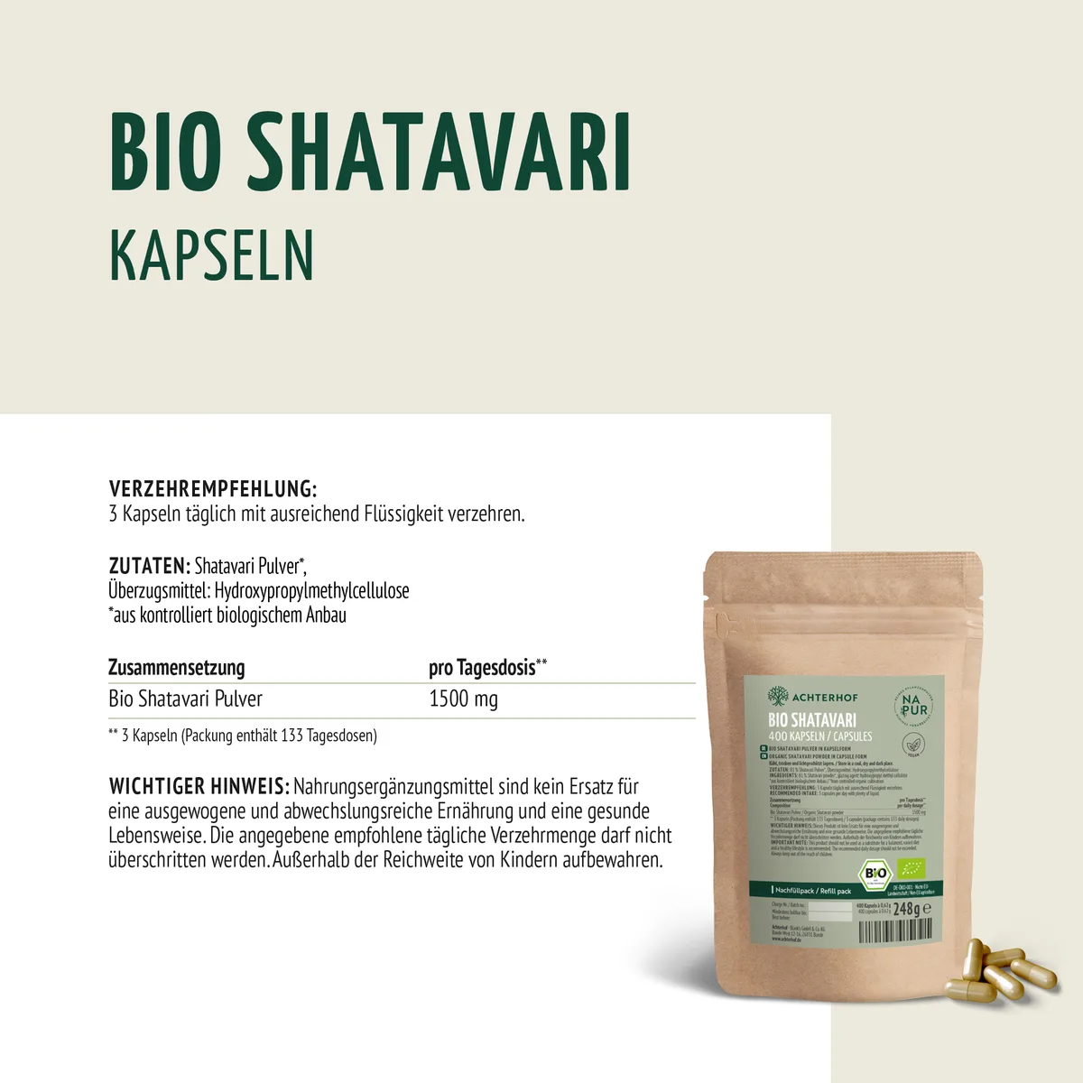 Bio Shatavari Kapseln Nachfüllpack (400 Kapseln) – Bild 8