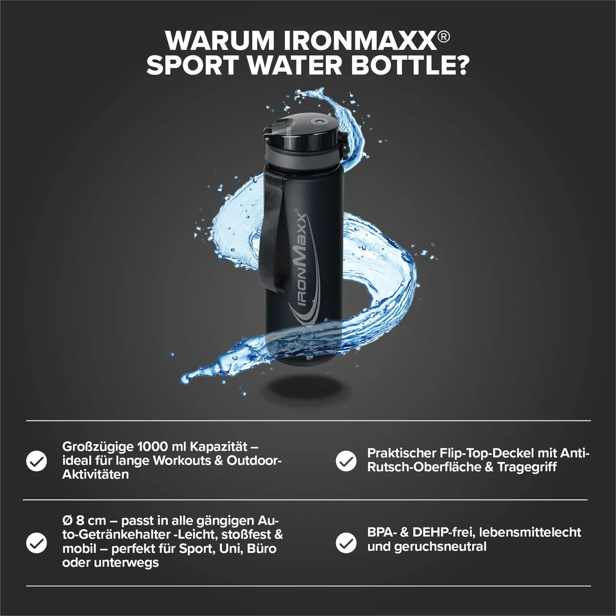 Sport Water Bottle (1000ml) - Deep Black – Bild 8