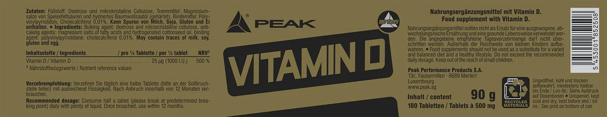 PEAK Vitamin D - 180 Tabletten I 360 Portionen I Jahresvorrat I 1000 i.U. pro Portion I für Knochen und Immunsystem I hochdosiert – Bild 2