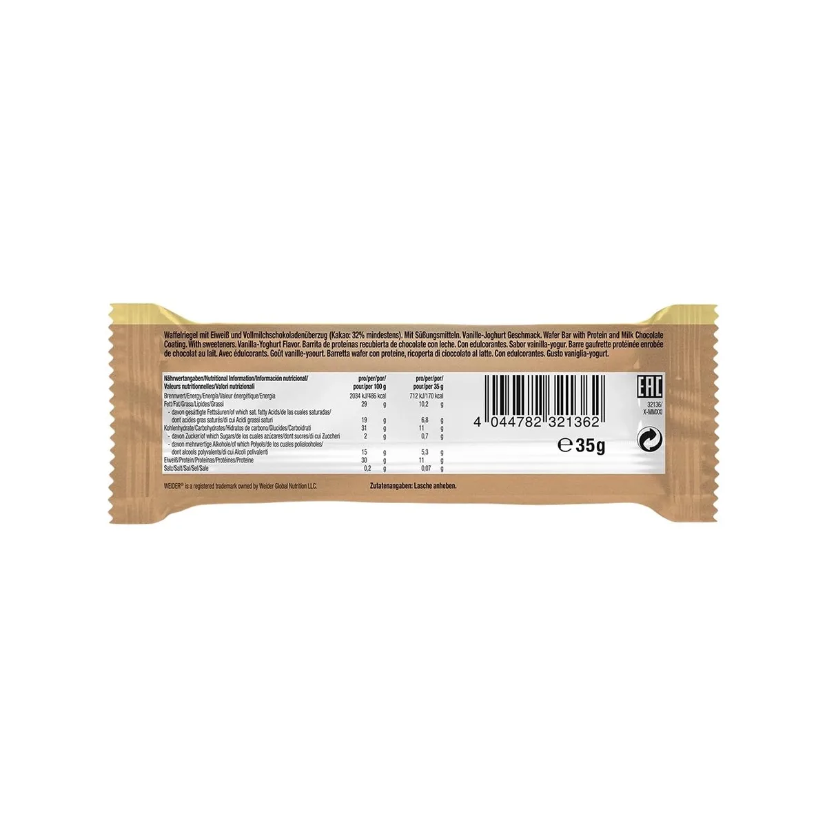 Weider - Whey Wafer - Knuspriger Proteinriegel mit 30% Eiweiß und Schokoladenüberzug - Wenig Zucker, Protein Snack - Box mit 12x35g - Vanille Joghurt – Bild 5