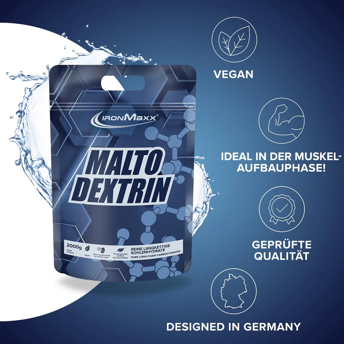 IronMaxx Maltodextrin Weight Gainer zum Zunehmen 2000g, Geschmacksneutral - Mit 230kcal & 58g Kohlenhydrate pro Portion, Mass Gainer für Kraftsportler mit 100% reinem Maltodextrin – Bild 2