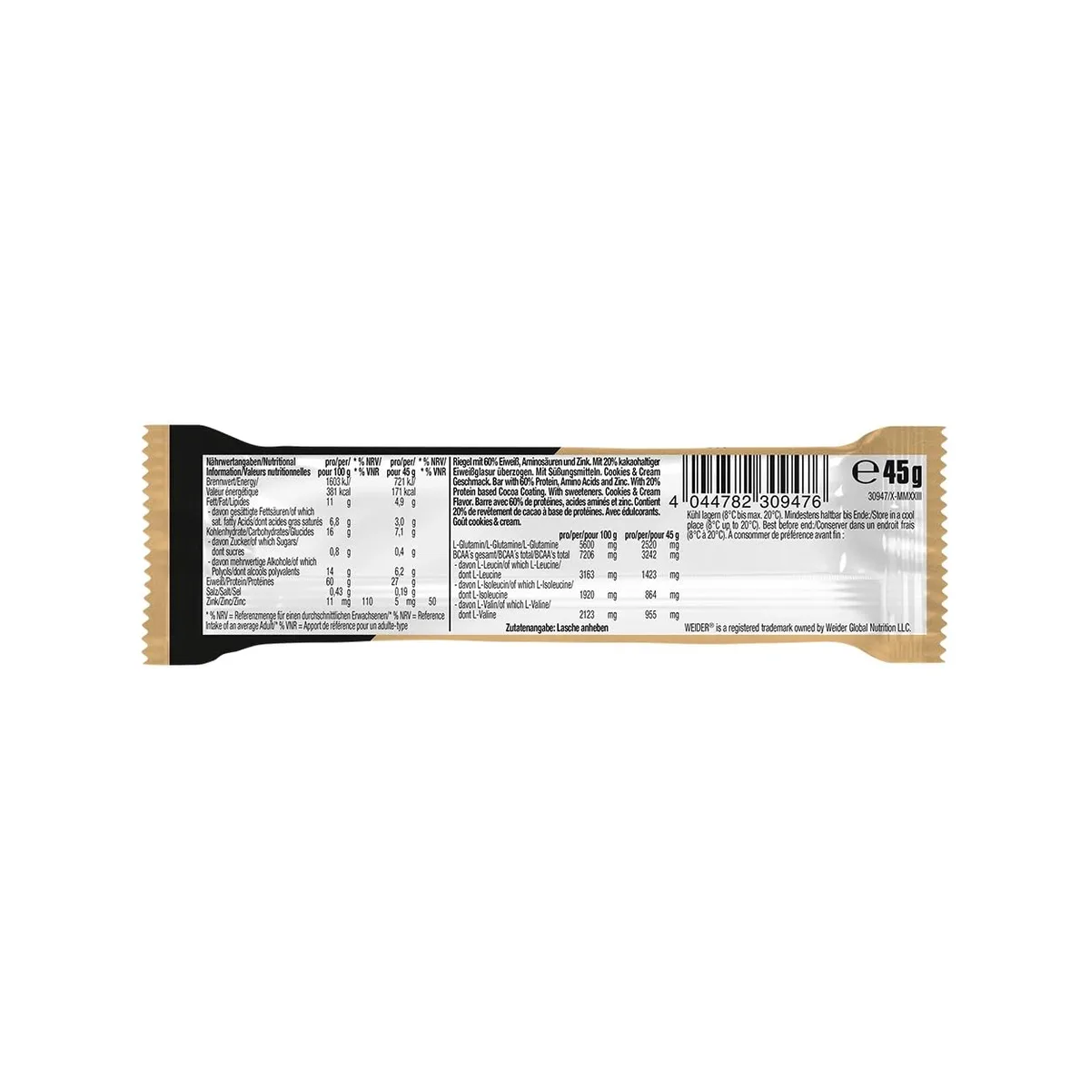 Weider 60% Proteinriegel - Hochproteinhaltiger Riegel mit 27g Protein, wenig Zucker, BCAAs & Zink - Ideal für Muskelwachstum - 24er Pack - Cookies & Cream – Bild 6