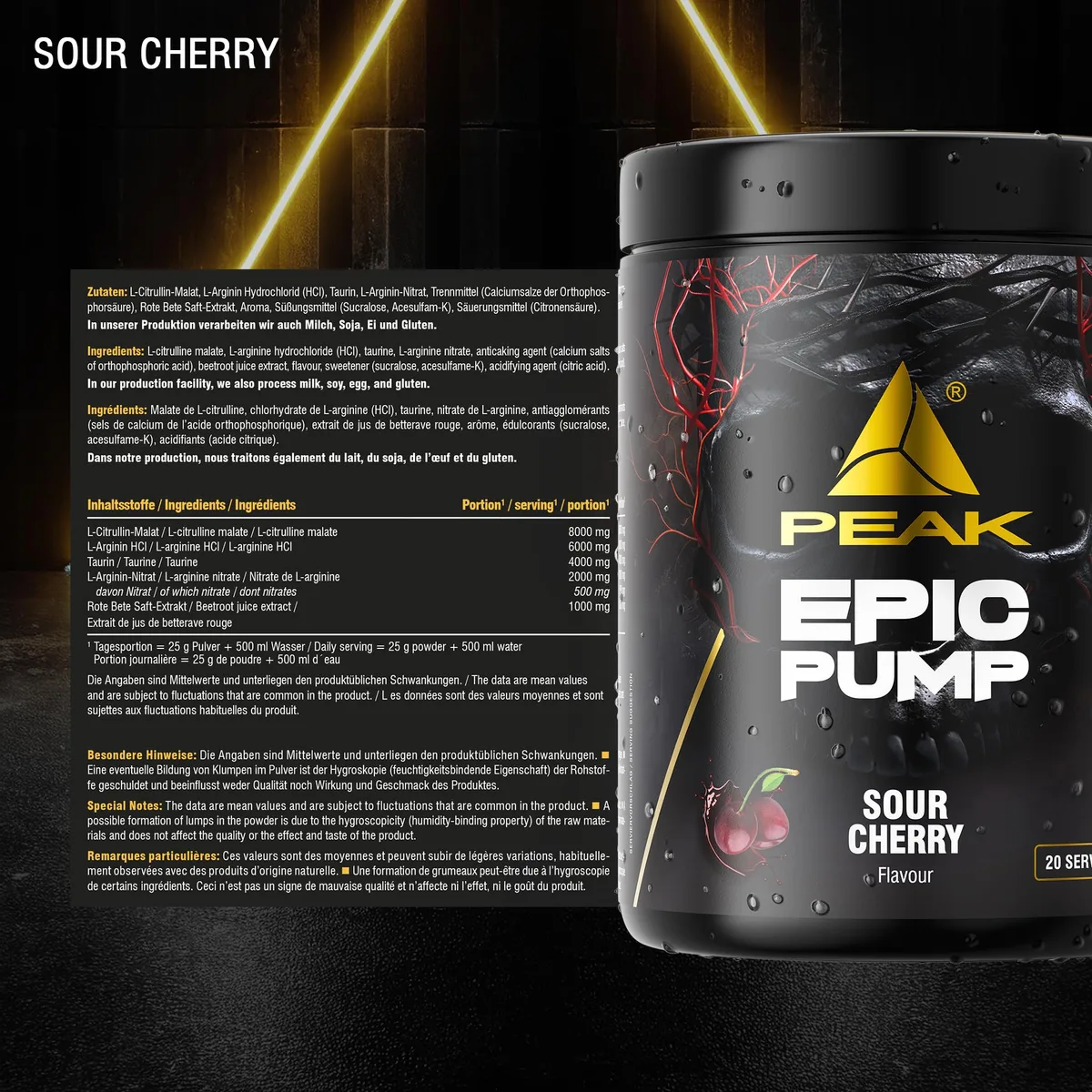PEAK Epic Pump - 500g Geschmack Sour Cherry I 20 Portionen I Concentrated Pre Workout Booster ohne Koffein mit L-Citrullin Malat, L-Arginin HCL/Nitrat und Taurin I vegan – Bild 2