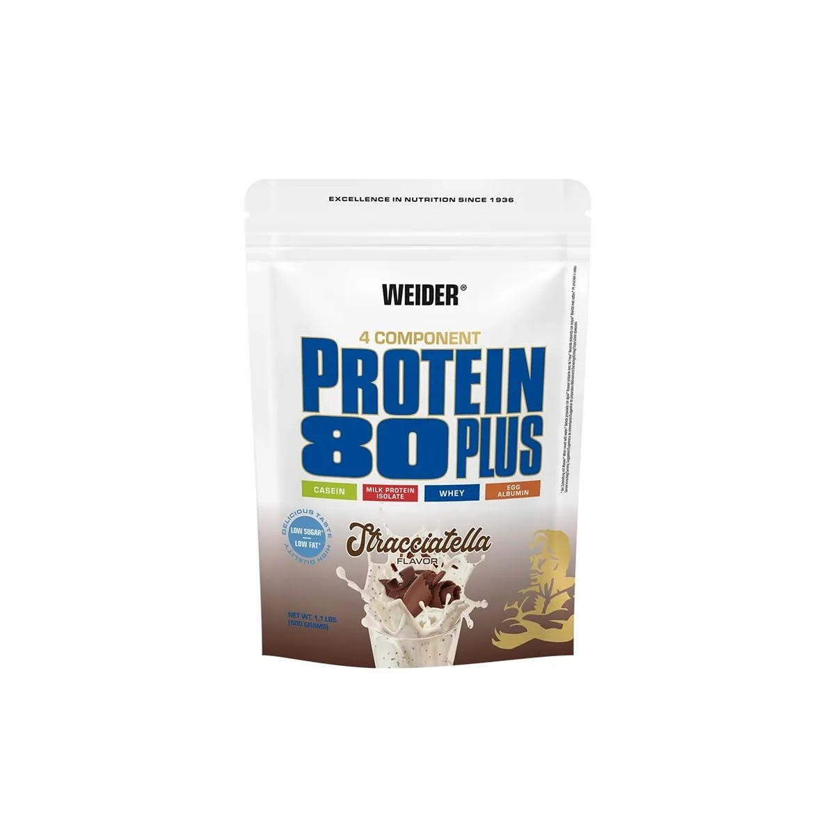 Weider - Protein 80 Plus - 4-Komponenten Protein Pulver - Hoher Proteingehalt mit 80% Eiweiß - Cremige Shakes mit Calcium & Vitamin B6 - 500g - Stracciatella