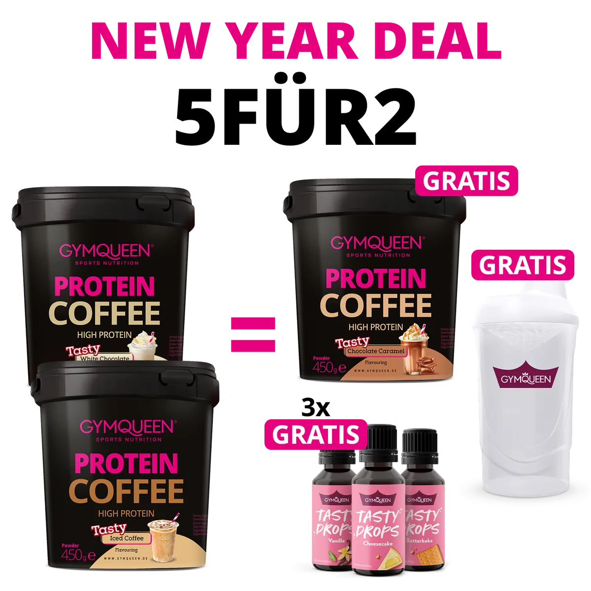 EXKLUSIVER DEAL: 5Für2 Protein Coffee mit GRATIS Potein Coffee + 3x Tasty Drops und Shaker