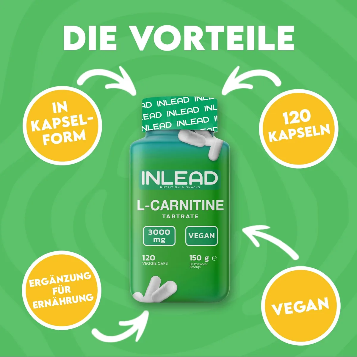 INLEAD - L-Carnitine Caps | Nahrungsergänzungsmittel mit L-Carnitin Tartrat | 3000 mg pro Tagesportion | Praktische Kapselform für Alltag & Training - 120 Kapseln – Bild 2