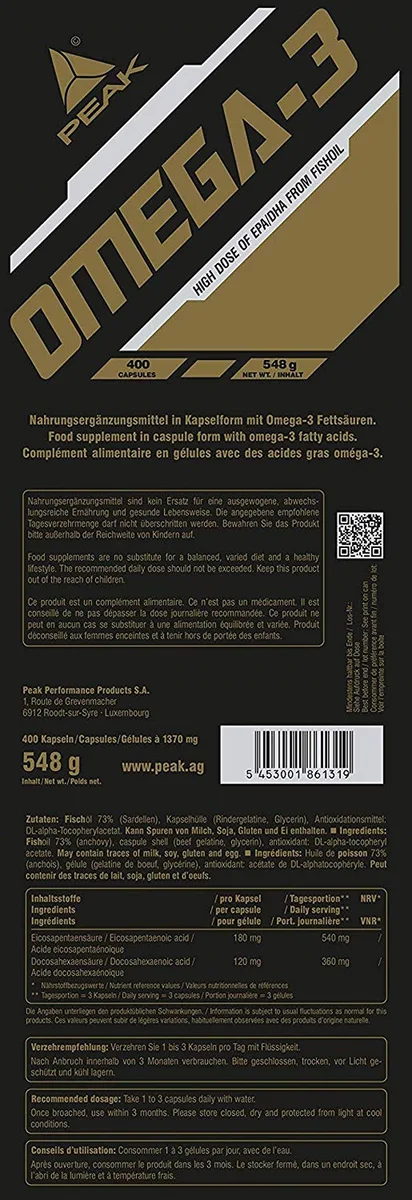 PEAK Omega-3-400 Kapseln I Fischöl I Fisch Öl I Softgelkapseln I hochkonzentriertes EPA und DHA I Triglycerid - Form I TG - Form I hohe Bioverfügbarkeit – Bild 2