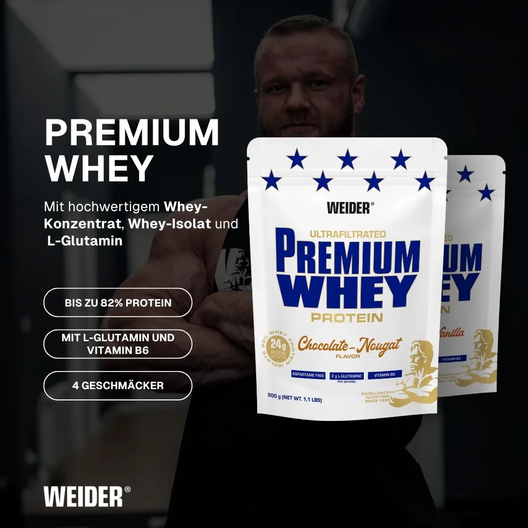 Weider Premium Whey Protein Pulver - Hoher Proteingehalt, wenig Kohlenhydrate & wenig Fett mit L-Glutamin und Vitamin B6-500g - Schoko-Nougat – Bild 2