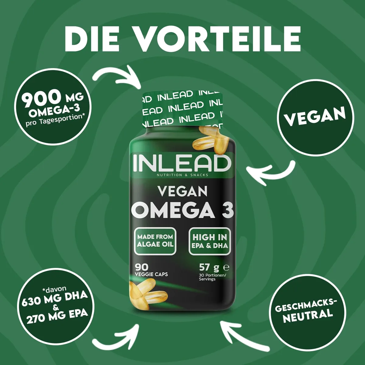INLEAD - VEGAN OMEGA 3 aus Algenöl | 900 mg Omega-3 pro Tagesportion | 630 mg DHA & 270 mg EPA | pflanzliche Alternative zu Fischöl (90 Softgel Kapseln) – Bild 2