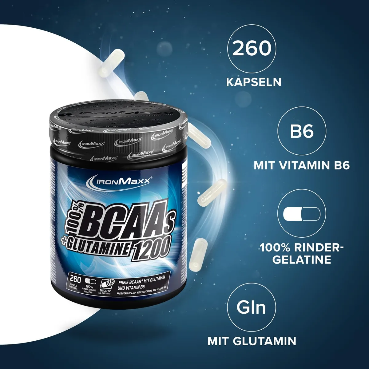 IronMaxx BCAA's + Glutamine - 1200 (260 Tricaps) | BCAA-Kapseln, zuckerfrei und frei von Konservierungsstoffen | Hochdosierte Aminosäurekapseln inklusive allen BCAAs und L-Glutamin – Bild 2