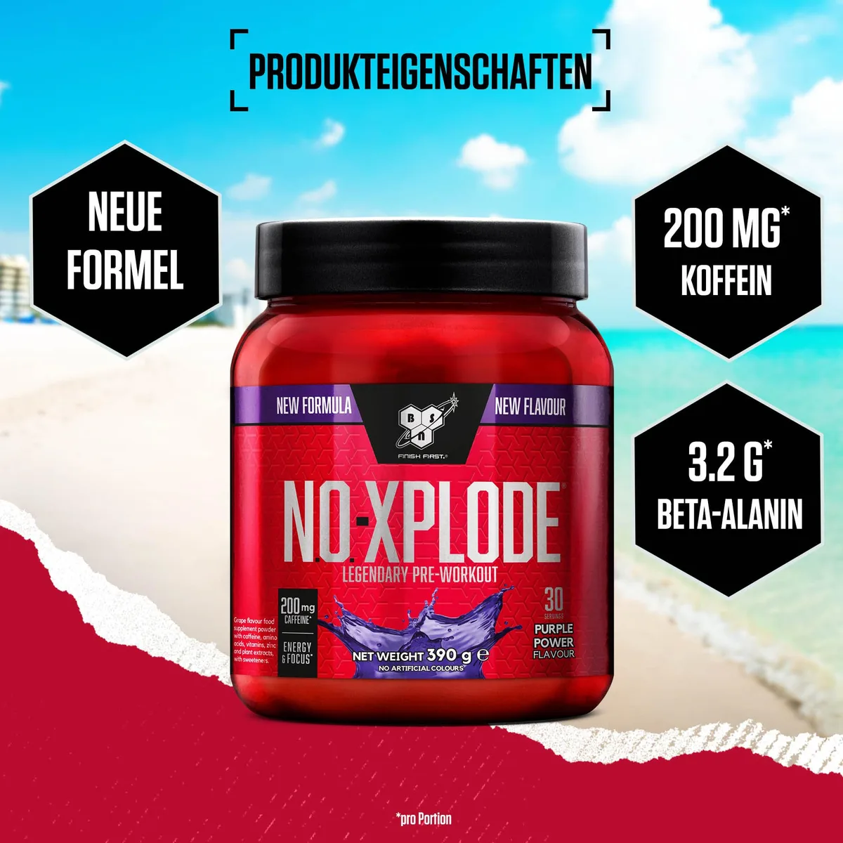 BSN Nutrition N.O.-Xplode Pre-Workout Pulver Nahrungsergänzungsmittel, mehr Energie und Konzentration mit Koffein, Aminosäuren, Vitamin C und Zink, Geschmacksrichtung Purple Power, 30 Portionen, 390 g – Bild 2