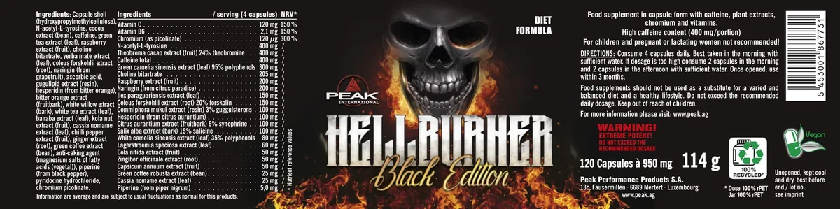 PEAK Hellburner Black Edition - 120 Kapseln I Fatburner I Diätunterstützer mit Koffein, Grüntee Extrakt zum Abnehmen I für einen normalen Fettstoffwechsel & Energiestoffwechsel I vegan – Bild 3