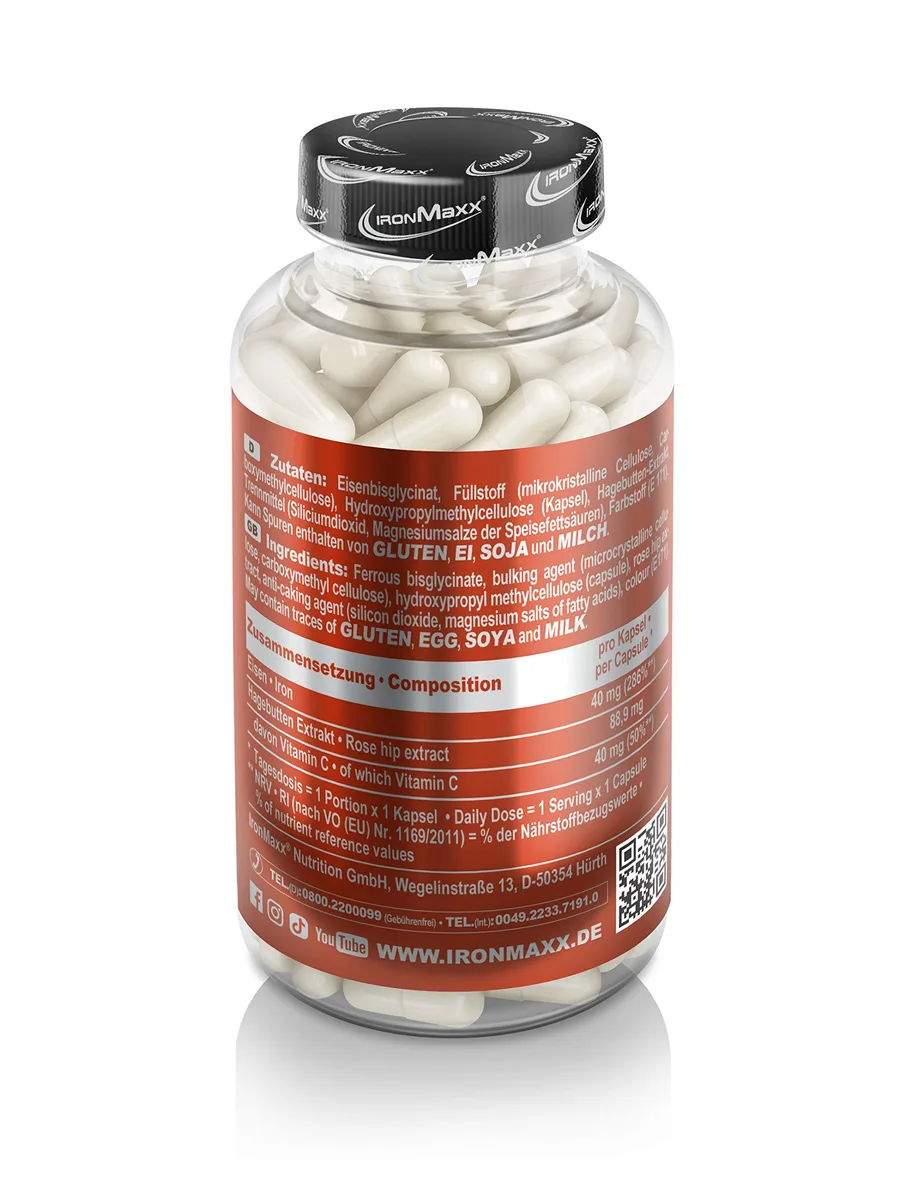 IronMaxx Iron + Vitamin C - 130 Kapseln | hochdosiert mit 40mg Eisen und 40mg Vitamin C | vegan mit hoher Bioverfügbarkeit – Bild 2