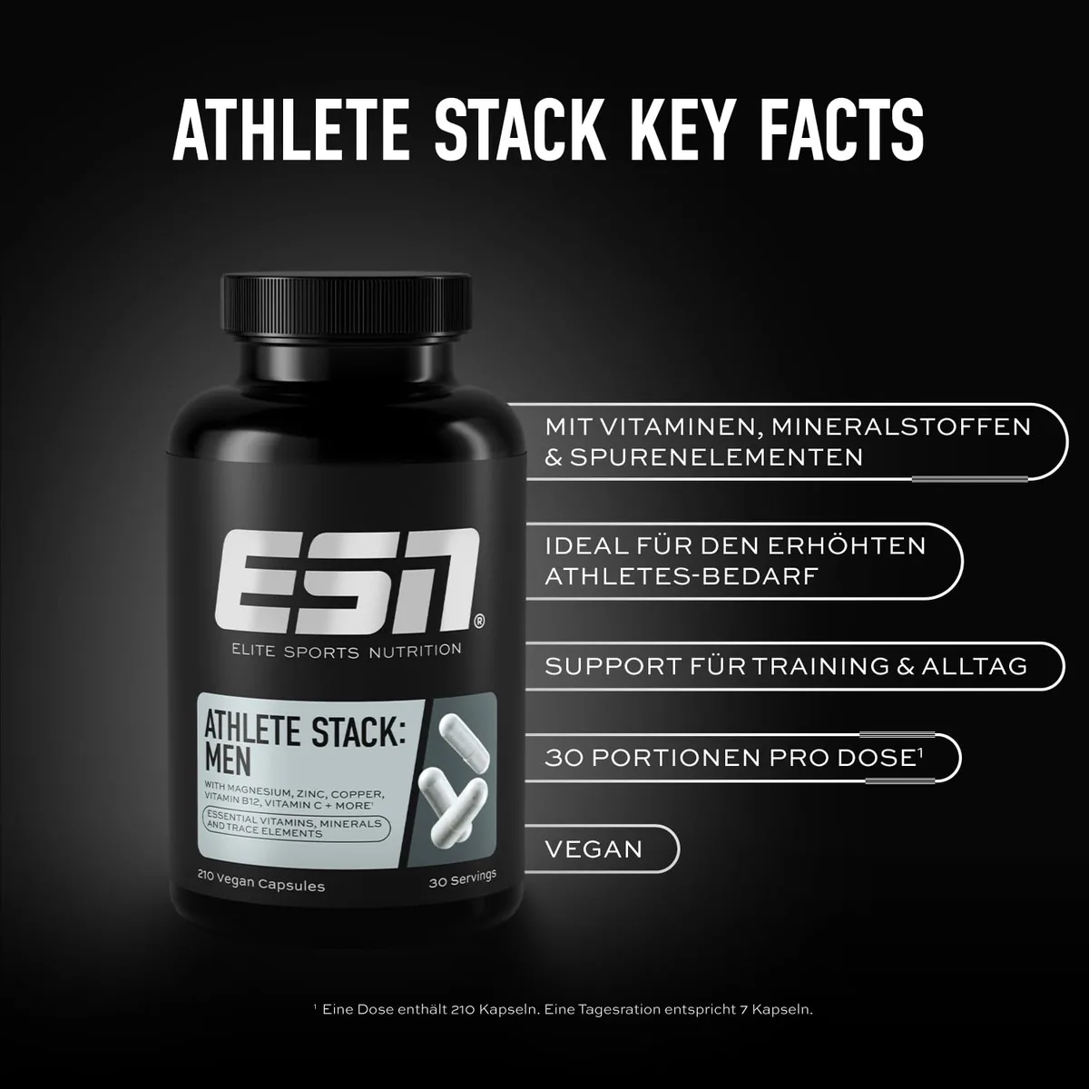 ESN Athlete Stack Men 2.0, 210 Kapseln, alle essentiellen Vitamine und Mineralstoffe, vegan - Made in Germany – Bild 3