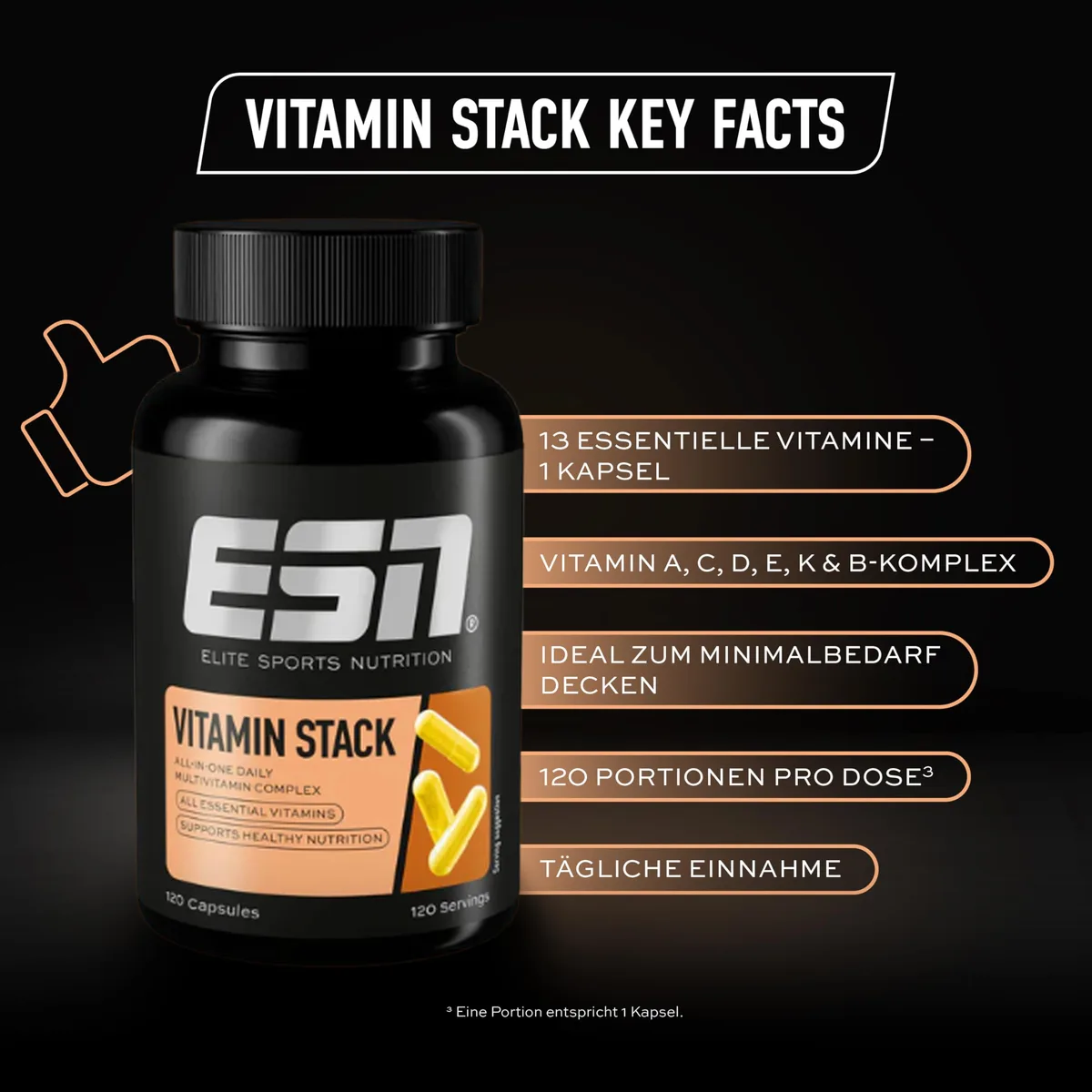 ESN Vitamin Stack, Multivitamin Kapseln, 120 Stück - 4 Monate Vorrat, hochdosiert, 13 wertvolle Vitamine in einer Kapsel, nur 1 Kapsel täglich, made in Germany – Bild 3