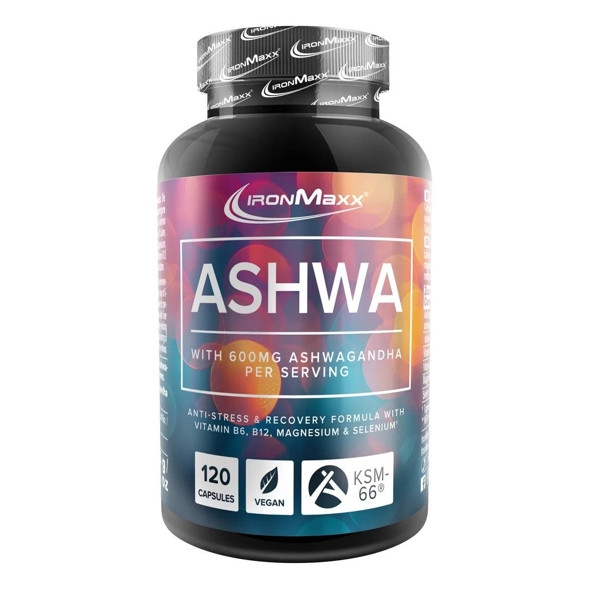 IronMaxx Ashwagandha - 120 Kapseln | 600mg KSM-66® pro Tagesdosis | Mit Vitamin B6 & B12 | mit Magnesium & Selenium | Vegan