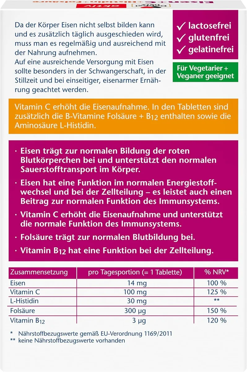 Eisen + C + Histidin + Folsäure (30 Tabletten) – Bild 2