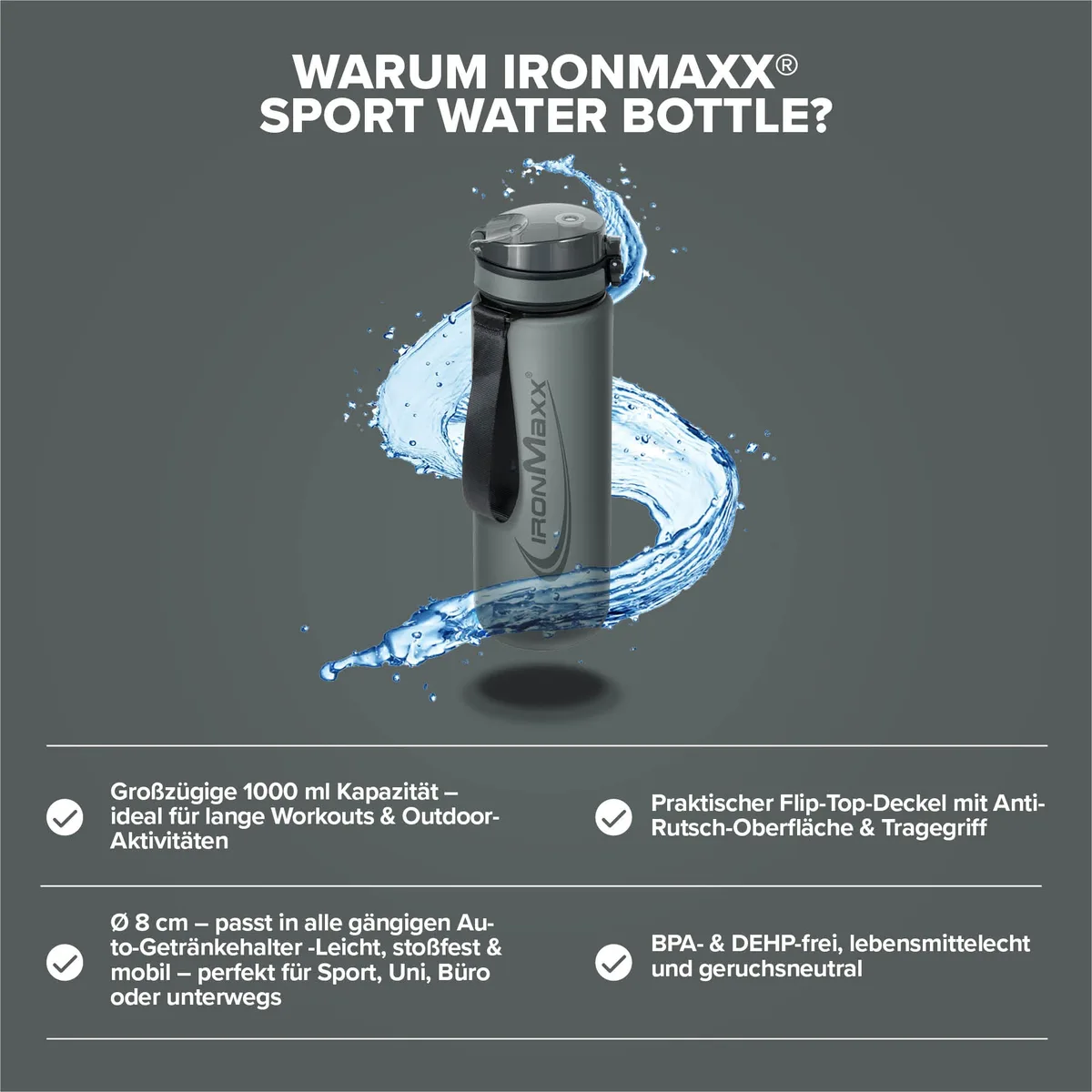 Sport Water Bottle (1000ml) - Ash Grey – Bild 3