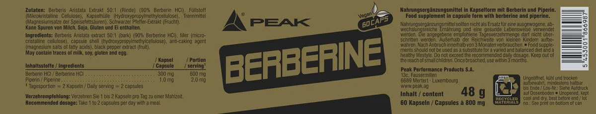 PEAK Berberin - 60 Kapseln I Blutzucker - Cholesterin - Management I GDA I mit Piperin – Bild 2