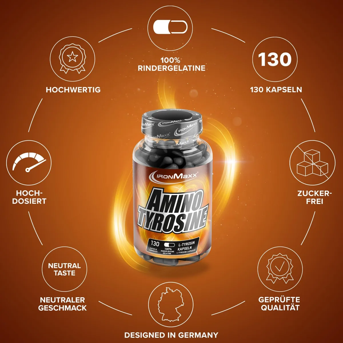 IronMaxx Amino Tyrosin – 130 Kapseln | Nahrungsergänzungsmittel mit L-Tyrosin | 700 mg pro Kapsel | Für körperliche und geistige Belastungen – Bild 5