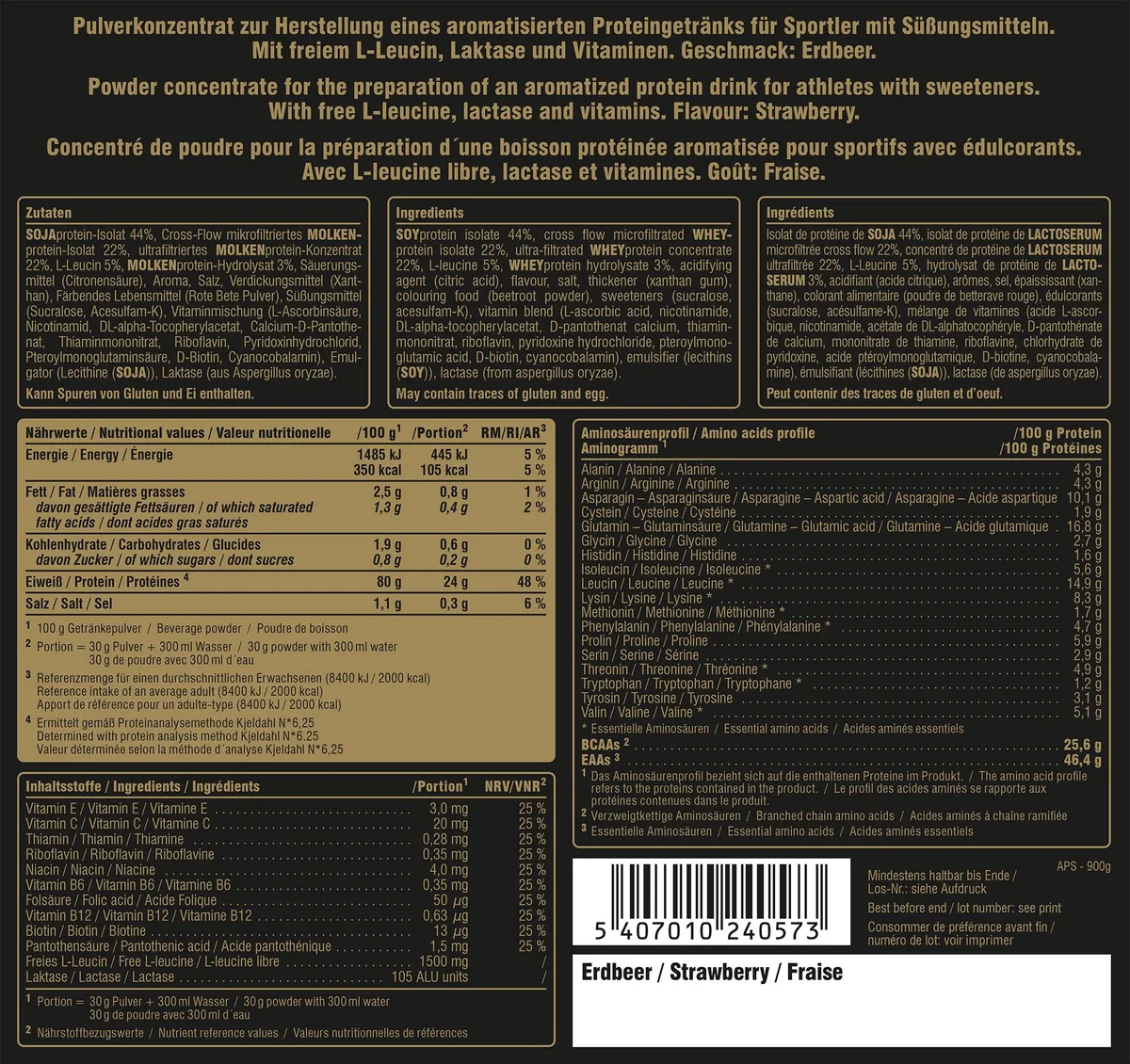 PEAK Anabolic Protein Selection - 900g Geschmack Strawberry I 30 Portionen I Mehrkomponenten Protein mit Whey Isolat, Konzentrat, Hydrolysat & Sojaprotein-Isolat I L-Leucin I Muskelaufbau – Bild 2