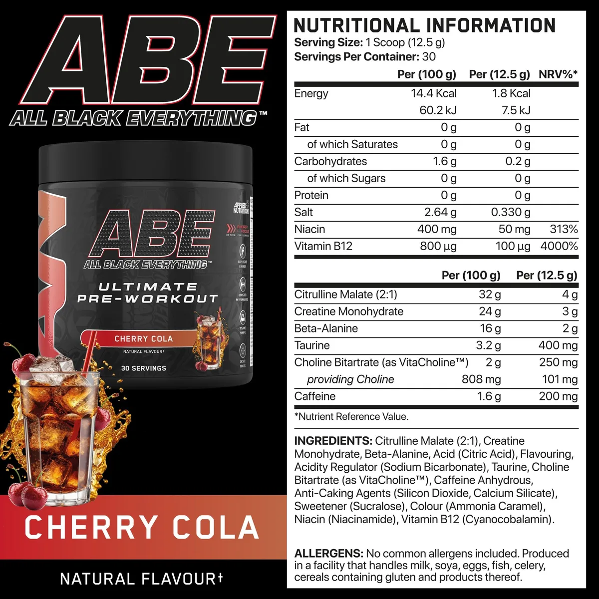 Applied Nutrition ABE Pre Workout Pulver - Pre Booster für Energie & Leistung mit Citrullin, Kreatin Monohydrat, Beta Alanin (375 g – 30 Portionen)(Cherry Cola) – Bild 7