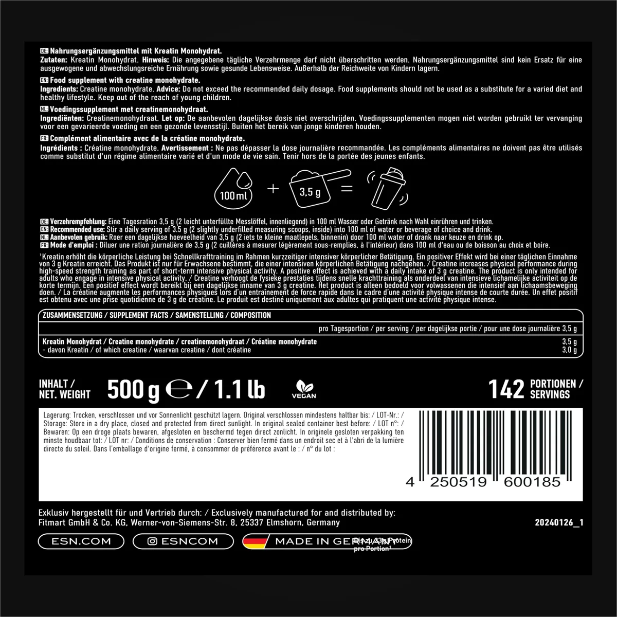 ESN Ultrapure Creatine Monohydrate, 500 g, 142 Portionen, mikrofein und perfekt löslich - made in Germany (Verpackung kann variieren) – Bild 3