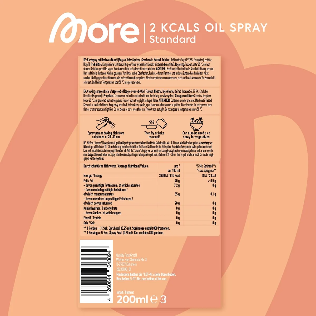 MORE 2 Kalorien Ölspray, 800 Sprühstöße, Pfannenspray zum Braten, Backen & Grillen – Bild 4