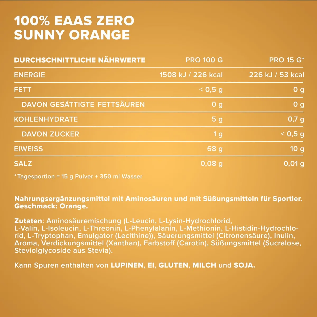 IronMaxx 100% EAAs Zero - Sunny Orange 500g Dose | EAA-Pulver,Vegan Und Zuckerfrei Mit Allen 8 Essentiellen Aminosäuren | Fruchtiger Geschmack, Frei Von Konservierungsstoffen – Bild 4