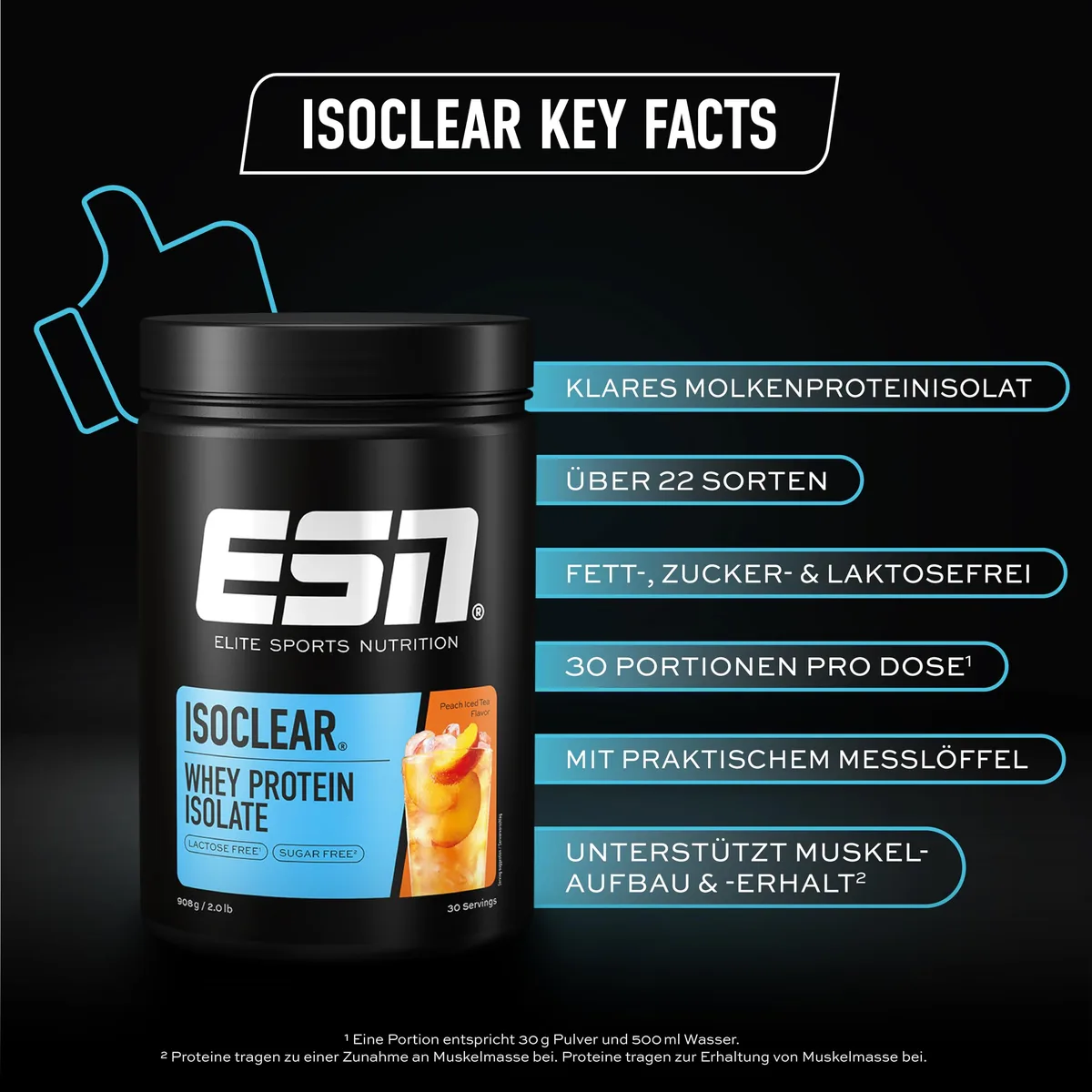 ESN ISOCLEAR Whey Isolate Protein Pulver, Peach Iced Tea, 908 g, Clear Whey – Bild 3