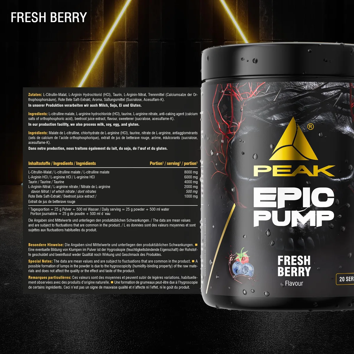PEAK Epic Pump - 500g Geschmack Fresh Berry I 20 Portionen I Concentrated Pre Workout Booster ohne Koffein mit L-Citrullin Malat, L-Arginin HCL/Nitrat und Taurin I vegan – Bild 2