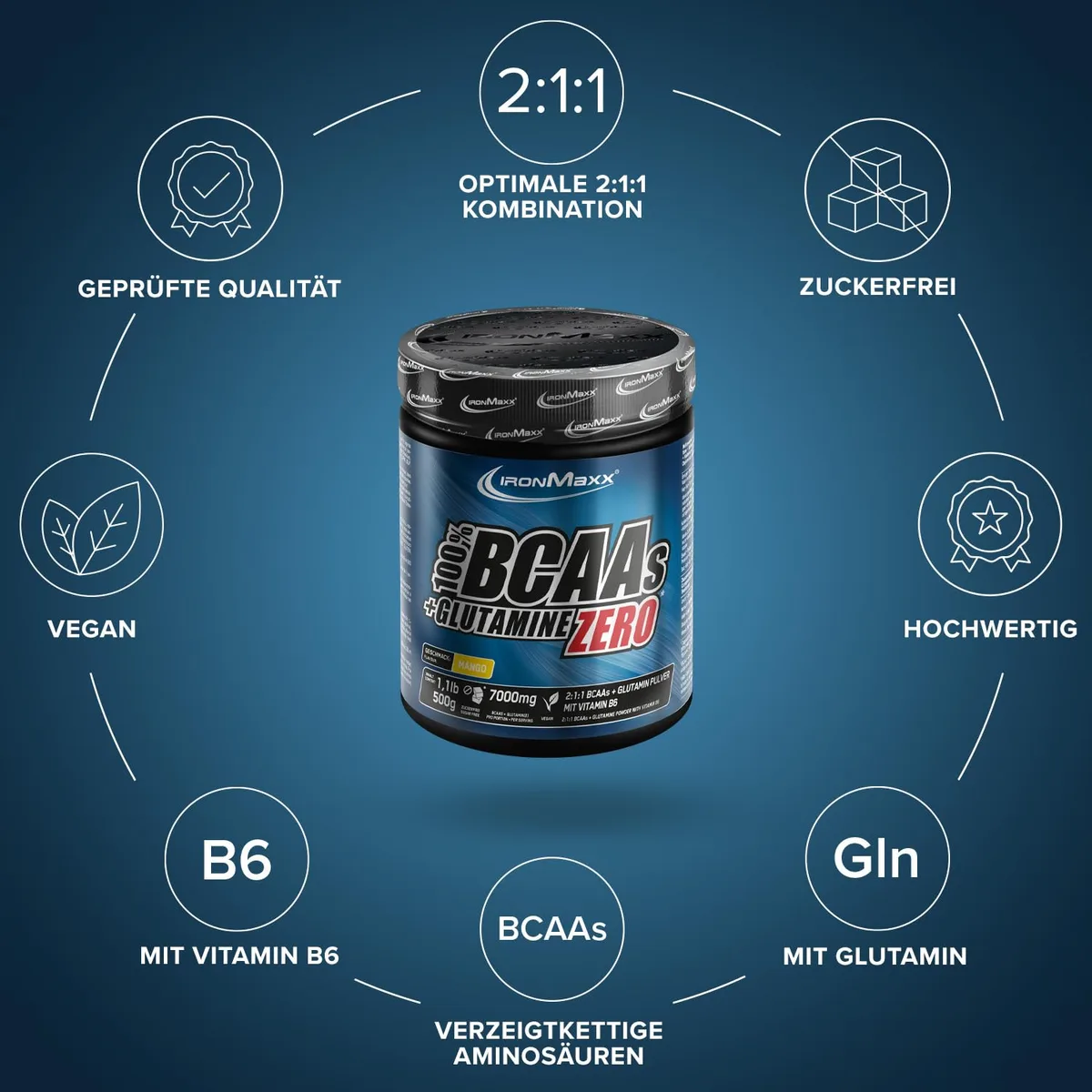 IronMaxx 100% BCAAs + Glutamine Zero - Mango 500g | veganes & zuckerfreies Aminosäuren Pulver mit Vitamin B6 | 6000 mg BCAA´s und 1000 mg Glutamin pro Portion – Bild 5