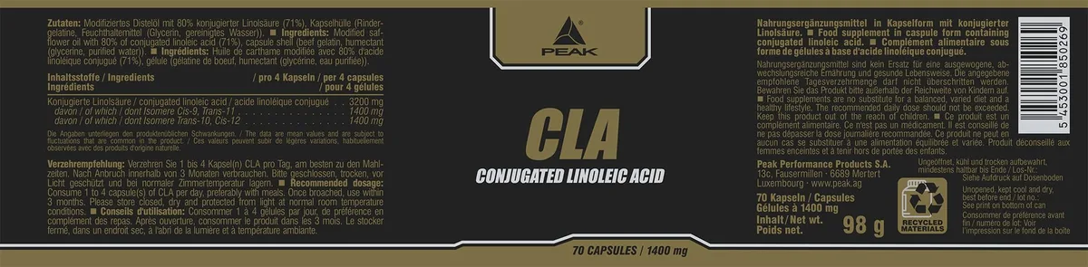 PEAK CLA - 70 Kapseln I 3200 mg Konjugierte Linolsäure pro Tagesportion für die Diät I ungesättigte Fettsäuren für Cholesterin Management – Bild 2