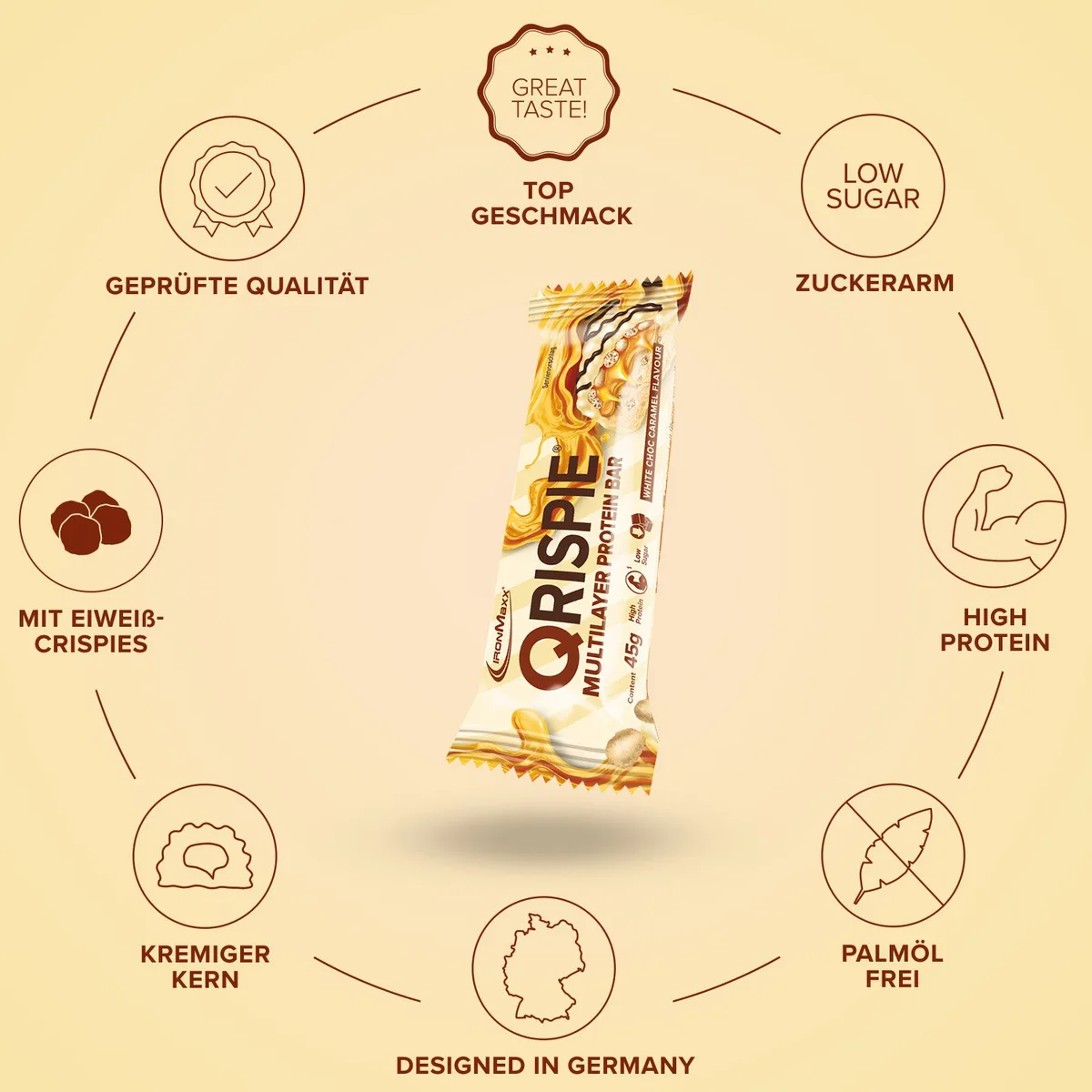 Qrispie Protein Riegel (16x45g) - White Choc Caramel – Bild 5