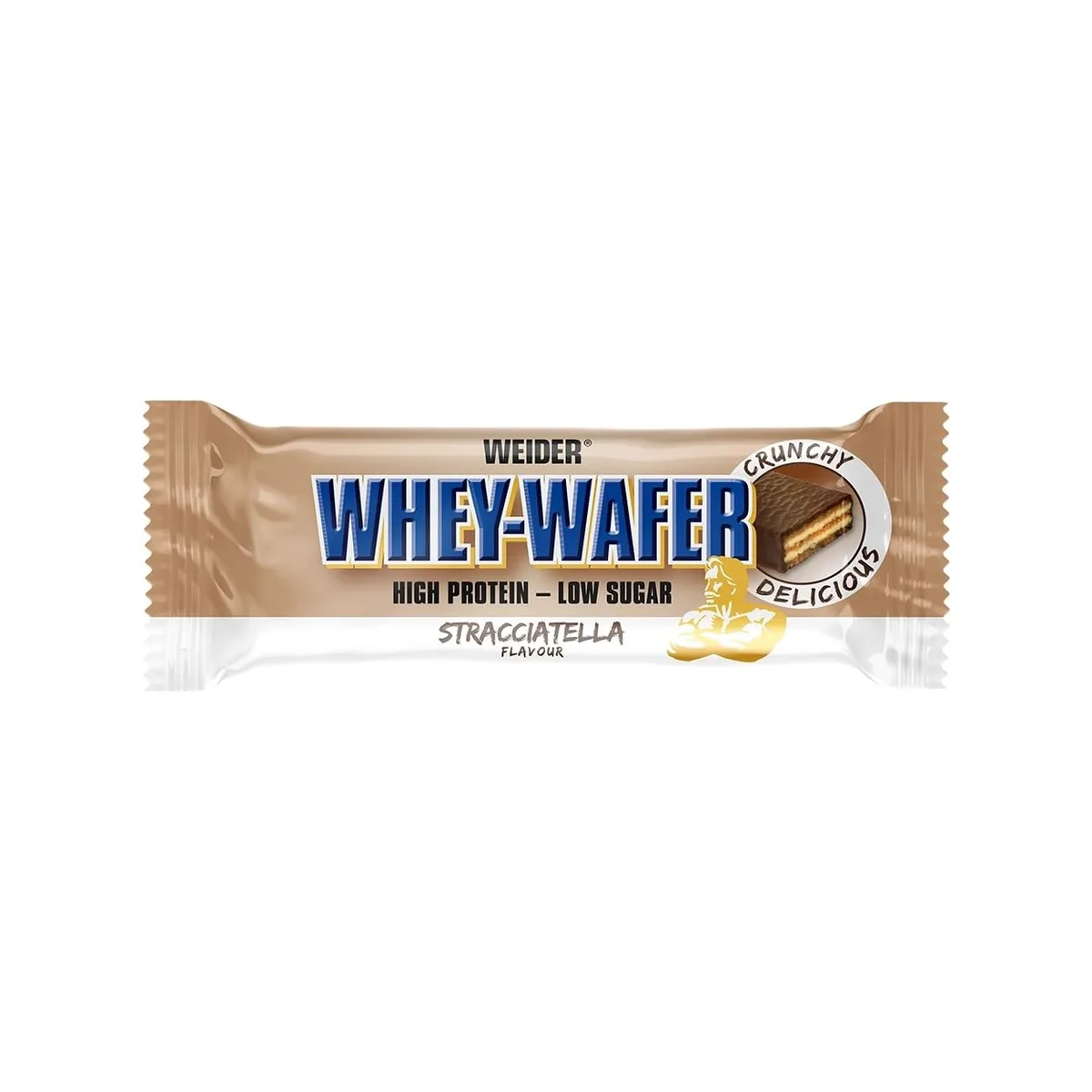 Weider - Whey Wafer - Knuspriger Proteinriegel mit 30% Eiweiß und Schokoladenüberzug - Wenig Zucker, Protein Snack - Box mit 12x35g - Stracciatella
