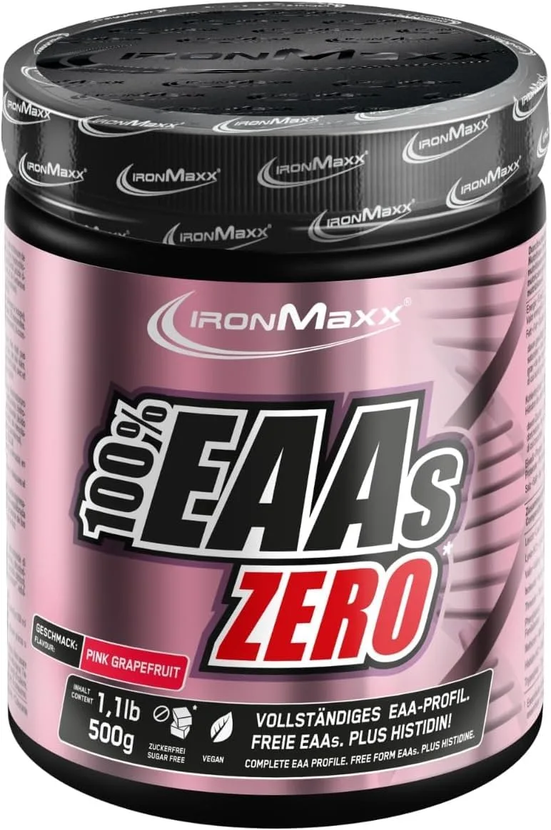 IronMaxx 100% EAAs Zero - Pink Grapefruit 500g Dose | EAA-Pulver,Vegan Und Zuckerfrei Mit Allen 8 Essentiellen Aminosäuren | Fruchtiger Geschmack, Frei Von Konservierungsstoffen