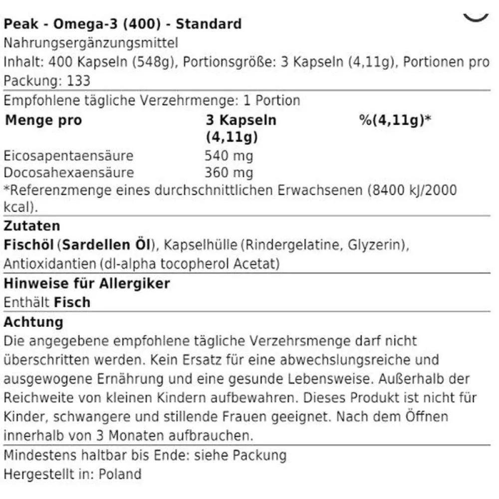PEAK Omega-3-400 Kapseln I Fischöl I Fisch Öl I Softgelkapseln I hochkonzentriertes EPA und DHA I Triglycerid - Form I TG - Form I hohe Bioverfügbarkeit – Bild 3