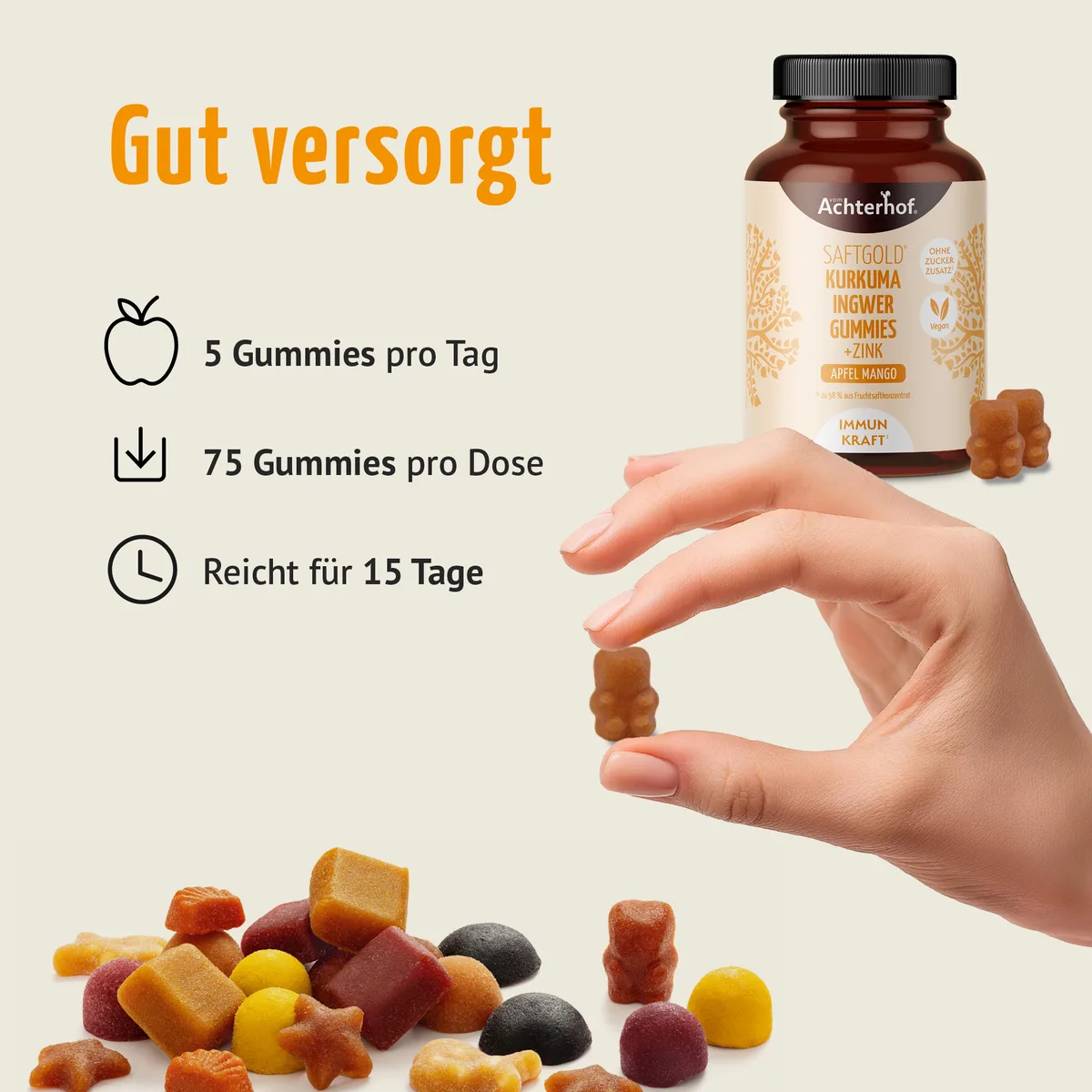 Saftgold Kurkuma Ingwer Gummies Apfel Mango + Zink (75 Stück) – Bild 4