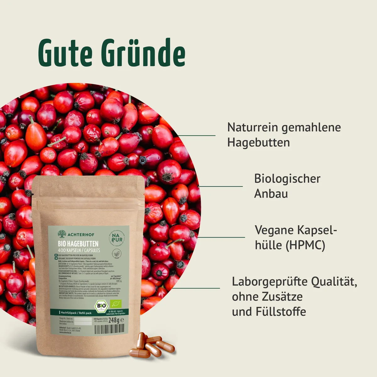 Bio Hagebutten Kapseln Nachfüllpack (400 Kapseln) – Bild 3